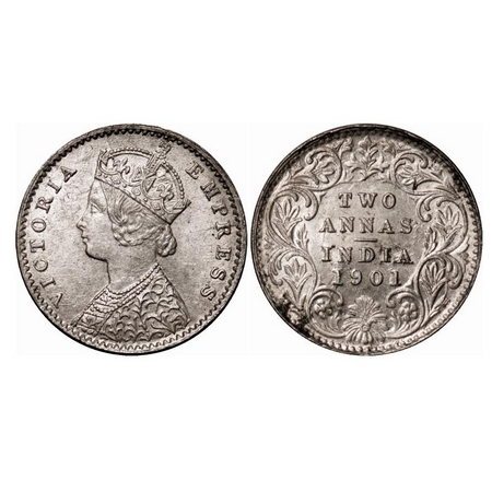 Victoria Empress, Silver, 2 Annas, 1901, Calcutta Mint, B/II, 'C' incused, Die cracks on O
