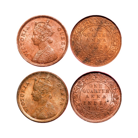 Victoria Queen, Copper, Quarter Anna (2 slabs), 1862, 1) Bombay Mint, A/I, Tiny 'V' incuse