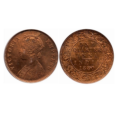 Victoria Empress, Copper, Quarter Anna, 1880, Calcutta Mint, B/II, No mint mark. F. Prid U