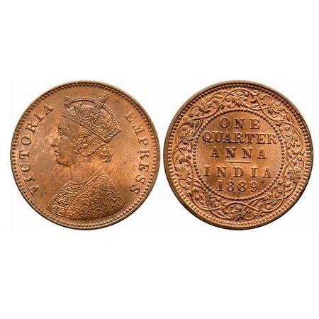 Victoria Empress, Copper, Quarter Anna, 1889, Calcutta Mint, B/II, No mint mark. F. Prid 6