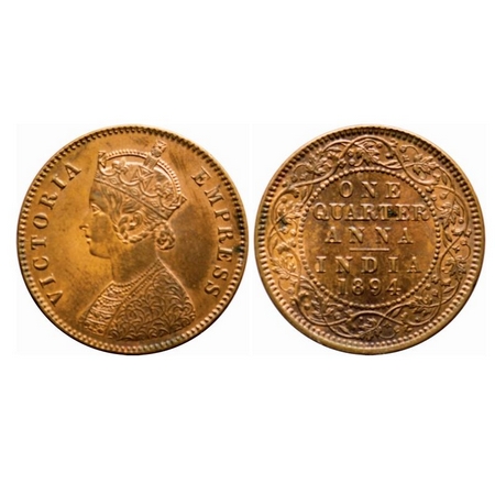 Victoria Empress, Copper, Quarter Anna, 1894, Calcutta Mint, B/II, No mint mark. F. Prid 6