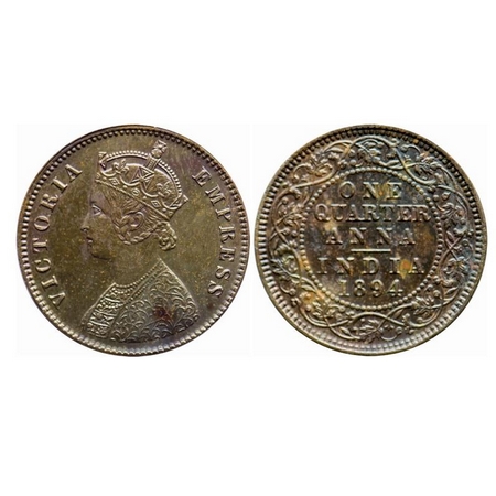 Victoria Empress, Copper, Quarter Anna, 1894, Calcutta Mint, B/II, No mint mark, Die crack