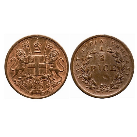 Victoria Queen, Copper, 1/2 Pice, 1853, Calcutta Mint, B/I, Wreath with 19 Berries (10L + 