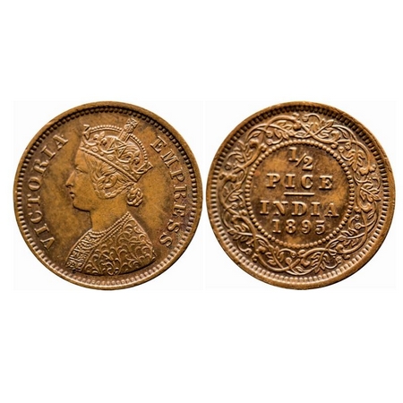 Victoria Empress, Copper, 1/2 Pice, 1895, Calcutta Mint, A/I, No mint mark. F. Prid 728. G