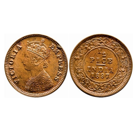 Victoria Empress, Copper, 1/2 Pice, 1897, Calcutta Mint, A/I, No mint mark, Die cracks on 