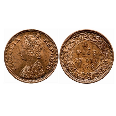 Victoria Empress, Copper, 1/2 Pice, 1898, Calcutta Mint, A/I, No mint mark. F. Prid 731. G