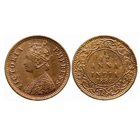 Victoria Empress, Copper, 1/12 Anna, 1888, Bombay Mint, Obv A, No mint mark. F. Prid 815.
