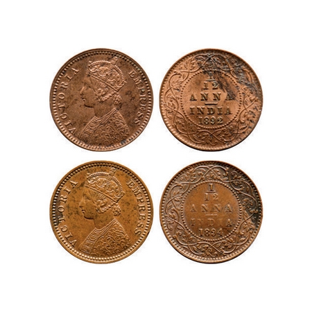 Victoria Empress, Copper, 1/12 Anna, (2 coins), Calcutta Mint, Obv B, No mint mark, 1) 189