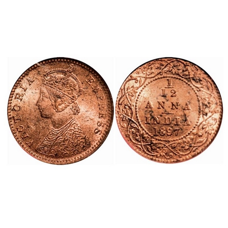 Victoria Empress, Copper, 1/12 Anna, 1897, Calcutta Mint, Obv B, No mint mark. F. Prid 802