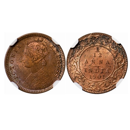 Victoria Empress, Copper, 1/12 Anna, 1901, Calcutta Mint, Obv B, No mint mark. F. Prid 805