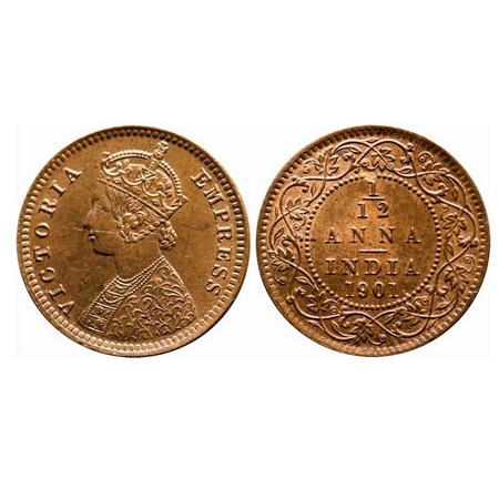 Victoria Empress, Copper, 1/12 Anna, 1901, Calcutta Mint, Obv B, No mint mark. F. Prid 805