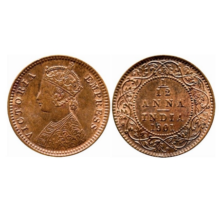 Victoria Empress, Copper, 1/12 Anna, 1901, Calcutta Mint, Obv B, No mint mark. F. Prid 805