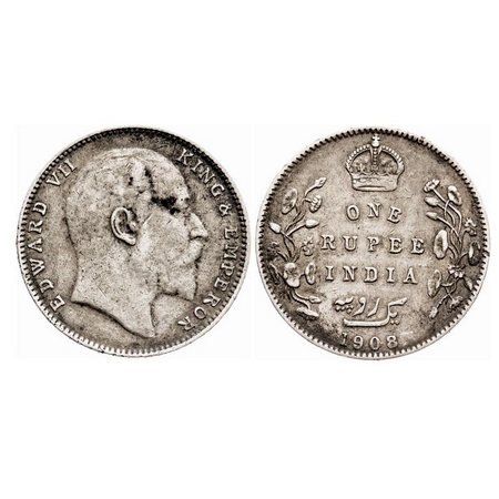Edward VII, Silver, Rupee, 1908, Bombay Mint, 'B' incused and dot, Numeral '8' struck on n