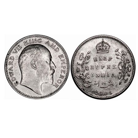 Edward VII, Silver, Half Rupee, 1906, Bombay Mint, 'B' incused, No dot. F. Prid 315. GK 96