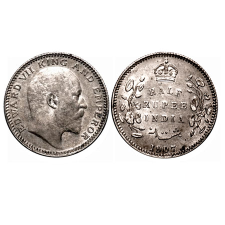 Edward VII, Silver, Half Rupee, 1907, Calcutta Mint, No mint mark, Die cracks on Rev. F. P