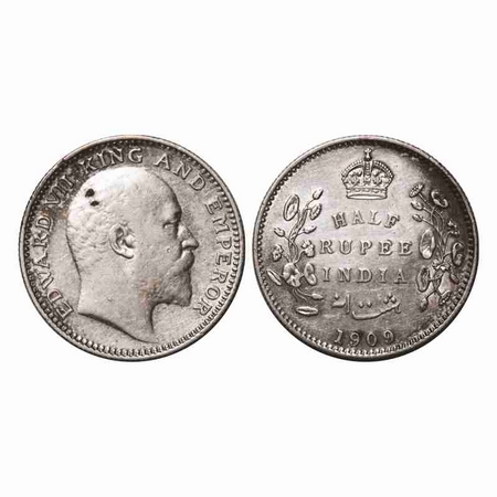 Edward VII, Silver, Half Rupee, 1909, Calcutta Mint, No mint mark. F. Prid 313. GK 969. Ab