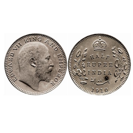 Edward VII, Silver, Half Rupee, 1910, Calcutta Mint, No mint mark. F. Prid 314. GK 971. Al
