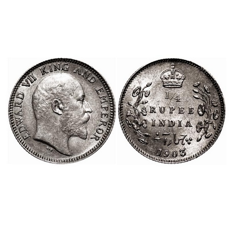 Edward VII, Silver, 1/4 Rupee, 1903, Calcutta Mint, No mint mark. F. Prid 432. GK 972. Abo
