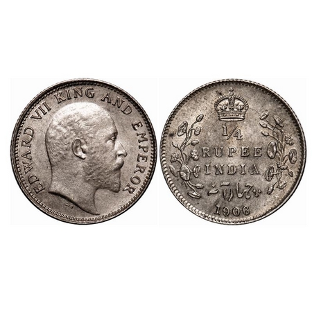 Edward VII, Silver, 1/4 Rupee, 1906, Calcutta Mint, No mint mark. F. Prid 435. GK 975. Unc