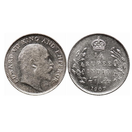 Edward VII, Silver, 1/4 Rupee, 1907, Calcutta Mint, No mint mark, Die crack on Obv. F. Pri