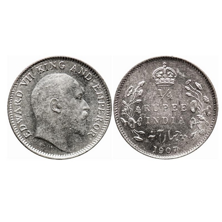 Edward VII, Silver, 1/4 Rupee, 1907, Calcutta Mint, No mint mark, Die crack on Obv, Ghost 