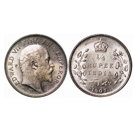Edward VII, Silver, 1/4 Rupee, 1907, Calcutta Mint, No mint mark, Die crack on Obv. F. Pri
