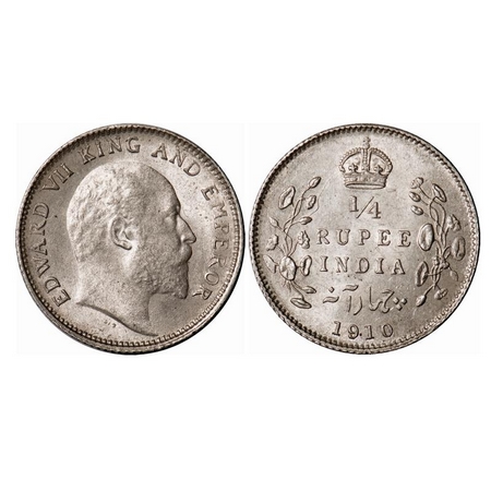 Edward VII, Silver, 1/4 Rupee, 1910, Calcutta Mint, No mint mark, Ghost on Rev. F. Prid 43