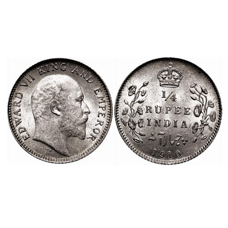 Edward VII, Silver, 1/4 Rupee, 1910, Calcutta mint, No Mint mark. F. Prid 439. GK 978. Abo