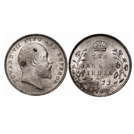 Edward VII, Silver, 2 Annas, 1905, Calcutta Mint, No mint mark, Die crack on Obv. F. Prid 
