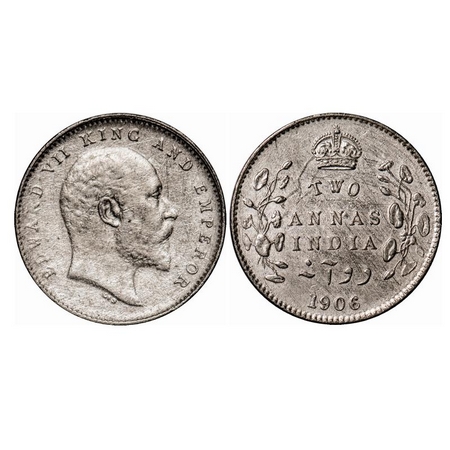 Edward VII, Silver, 2 Annas, 1906, Calcutta Mint, No mint mark, Ghost on Rev. F. Prid 559.