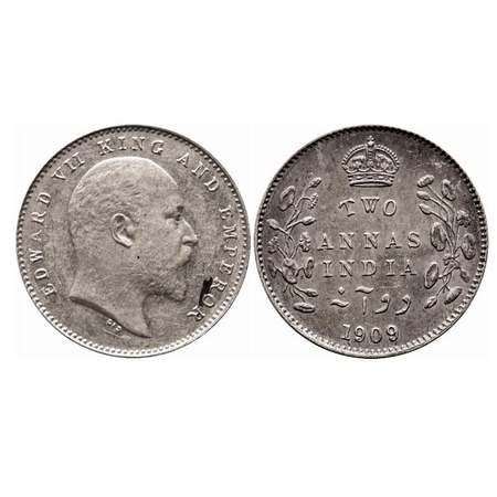 Edward VII, Silver, 2 Annas, 1909, Calcutta Mint, No mint mark, Planchet flaw on Obv. F. P