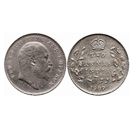 Edward VII, Silver, 2 Annas, 1909, Calcutta Mint, No mint mark, Die crack on Obv, Ghost on