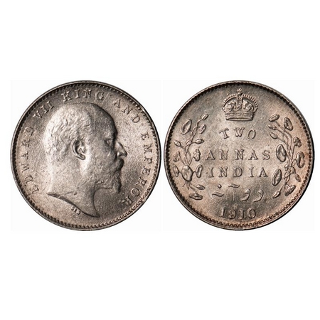 Edward VII, Silver, 2 Annas, 1910, Calcutta Mint, No mint mark. F. Prid 563. GK 987. Uncir
