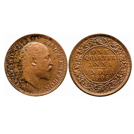 Edward VII, Copper, Quarter Anna, 1906, Calcutta Mint, (6.45g), No mint mark, Ghost on Rev