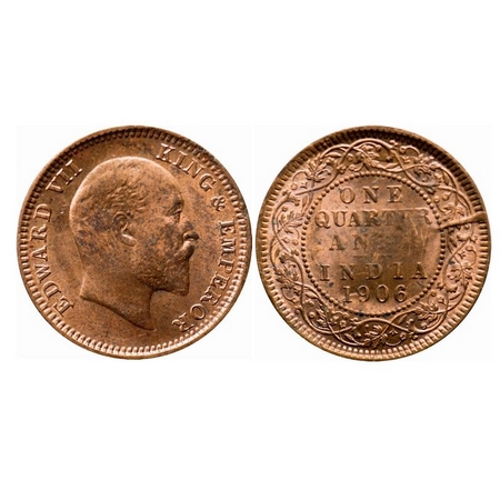 Edward VII, Copper (6.63g), Quarter Anna, 1906, Calcutta Mint, No mint mark, Die crack on 