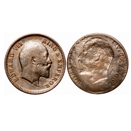 Edward VII, Bronze, Quarter Anna, Error, Obv Lakhi (4.67 gm). Very Fine+. Rare.