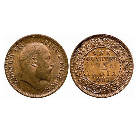 Edward VII, Bronze, Quarter Anna, 1907, Calcutta Mint, No mint mark, Die cracks on Obv, Gh