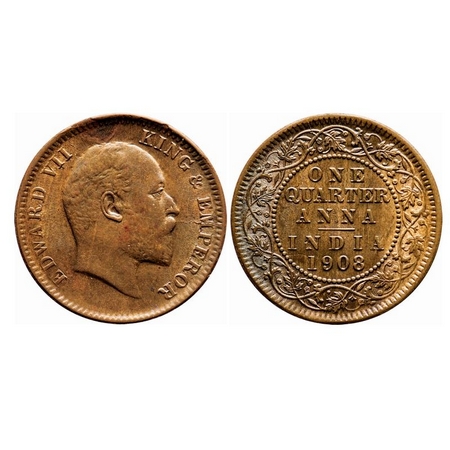 Edward VII, Bronze, Quarter Anna, 1908, Calcutta Mint, No mint mark, Die cracks on Obv, Gh