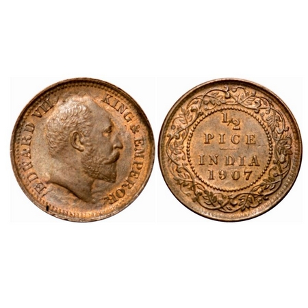 Edward VII, Bronze, 1/2 Pice, 1907, Calcutta Mint, No mint mark. F. Prid 741. GK 1008. Alm