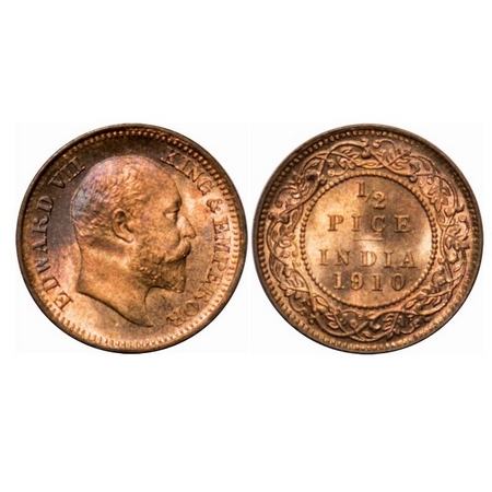 Edward VII, Bronze, 1/2 Pice, 1910, Calcutta Mint, No mint mark. F. Prid 744. GK 1011. Bri