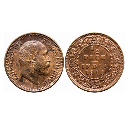 Edward VII, Bronze, 1/2 Pice, 1910, Calcutta Mint, No mint mark, Die cracks on Obv. F. Pri