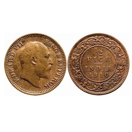Edward VII, Bronze, 1/2 Pice, 1910, Calcutta Mint, No mint mark. F. Prid 744. GK 1011. Abo