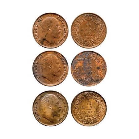 Edward VII, Mix Metal, 1/12 Anna, (3 coins), 1) 1903, Copper, Calcutta Mint, No mint mark,