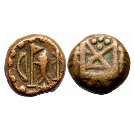 Kongu Chera, Copper Cash, 3.66g, Obv: Bow, Flag, Fish and below star, Rev: Two swords cros