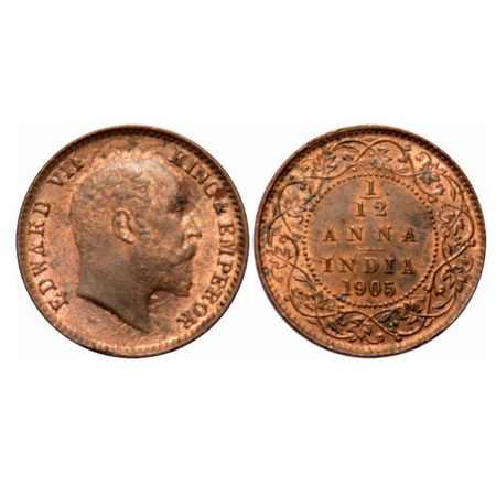 Edward VII, Copper, 1/12 Anna, 1905, Calcutta Mint, No mint mark. F. Prid 820. GK 1014. Ab