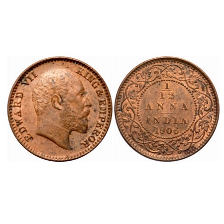 Edward VII, Copper, 1/12 Anna, 1906, (2.21 gm) Calcutta Mint, No mint mark. F. Prid 821. G