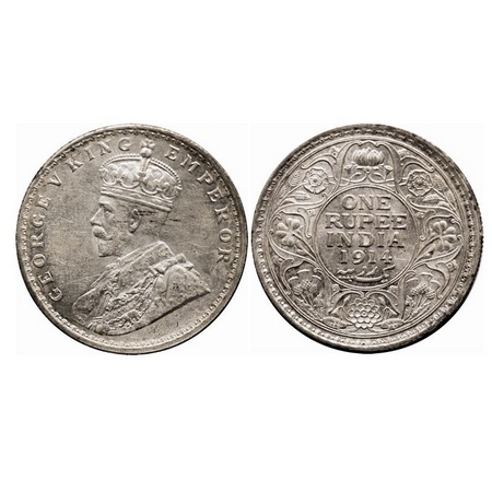 George V, Silver, Rupee, 1914, Calcutta Mint, No dot. F. Prid 210. GK 1029. Uncirculated, 