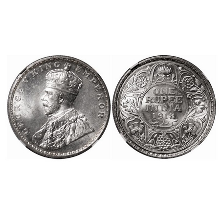 George V, Silver, Rupee, 1918, Bombay Mint, Dot. F. Prid 224. GK 1038. NGC Slabbed MS 64. 