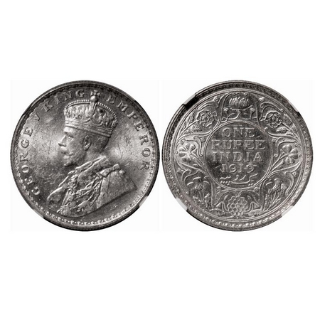 George V, Silver, Rupee, 1919, Bombay Mint, Dot. F. Prid 225. GK 1040. NGC Slabbed MS 62.