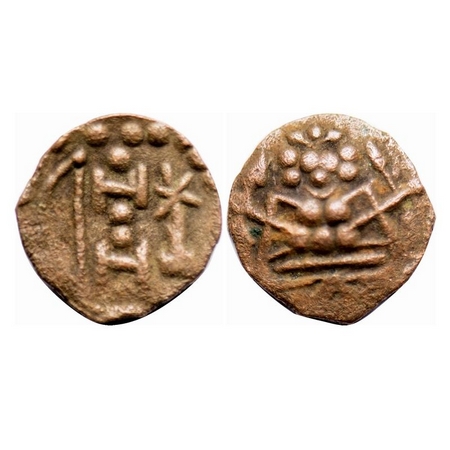 Kongu Chera, Copper Cash, 1.08g, Obv: Bow and Srivatsa, Rev: Seated diety. Very Fine. Scar